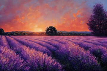 Oil painting lavender field art - obrazy, fototapety, plakaty