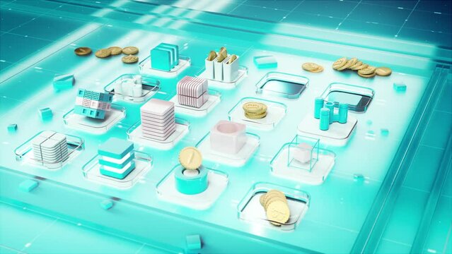 Cryptocurrency and blockchain. 3D rendered animation.