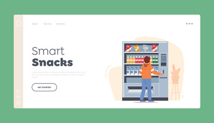 Smart Snacks Landing Page Template. Boy Put Coin For Buying Snack or Drink in School Cafeteria. Vending Machine Food - obrazy, fototapety, plakaty