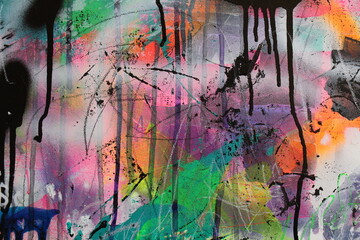 Muted bright colors and black drips cover the canvas with clouds of white spray paint in this abstract background.