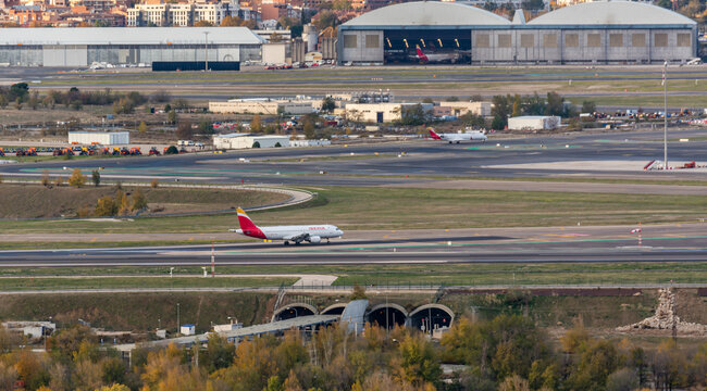 Madrid, Spain; 11/23/2019: Plane of the Spanish company Iberia taking off from Adolfo Suarez Madrid Barajas airport