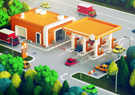 Low poly 3D gas station.