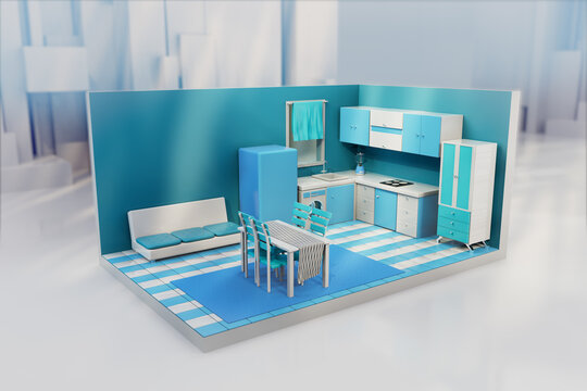 Low poly 3d render kitchen interior.