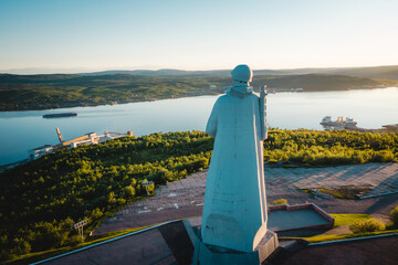 Murmansk, Russia - JUNE 6, 2021: Aerial view panorama of city monument Defenders of Soviet Arctic...