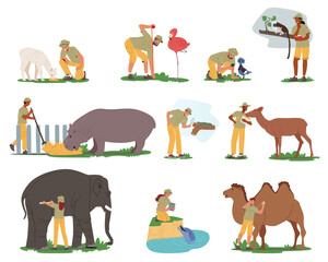 Zoologist Characters Study Animals in Natural Habitat. Scientists Explore Tameless Animals, Expedition To Wild Nature