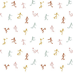 Hand drawn soccer player seamless pattern. Colorful football player silhouette on white background. Vector illustration.