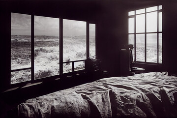 Waves crashing at the windows. Surreal digital illustration. 