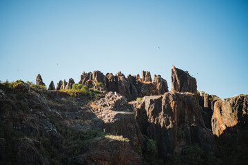 Landscape of rocky and sharp mountains at Cerro del Hierro. Parque Natural Sierra Norte de Sevilla