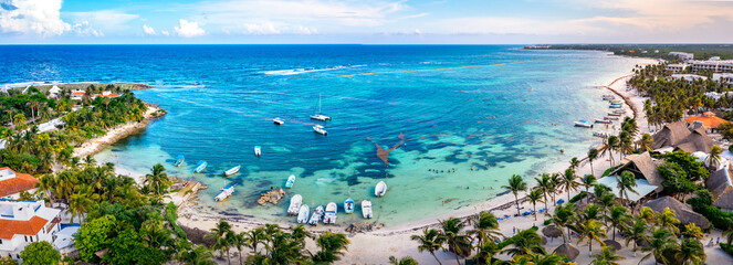 Aerial view of the Akumal Bay in Quintana Roo, Mexico. Caribbean Sea, coral reef, top view....