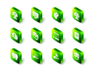 Set Psychologist online, Addiction to the drug, Broken heart or divorce, Psychology book, Psi, Comedy theatrical mask, Pendulum, Solution problem and icon. Vector