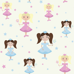 Little princess design. Vector seamless childish pattern with princess in pink and blue dresses. Pretty fairy with a magic wand vector illustration.