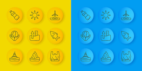 Set line Floating buoy on the sea, Hand holding Earth globe, Rise water level, Say no to plastic bags poster, Dead fish, Bottle of, Wind turbine and Sun icon. Vector © Vadim