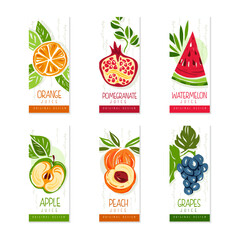 Fresh fruit juice logo design set. Watermelon, orange, pomegranate, apple, grapes, peach juice labels, badges vector illustration