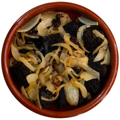 Grilled traditional Spanish morcilla blood sausage slices with rice served with onions. Isolated...