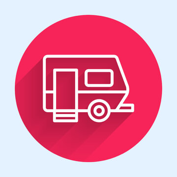 recommend clip art: White line Rv Camping trailer icon isolated with long shadow background. Travel mobile home, caravan, home camper for travel. Red circle button. Vector