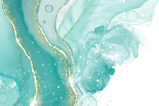 Pastel cyan mint liquid marble watercolor background with gold lines and brush stains. Teal turquoise marbled alcohol ink drawing effect. Vector illustration backdrop, watercolour wedding invitation.