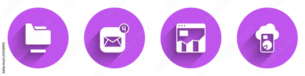 Poster set document folder, envelope, graph chart infographic and cloud database icon with long shadow. vec