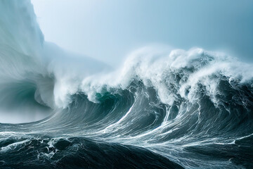 Apocalyptic dramatic background,  giant tsunami waves, dark stormy sky, Tornado. Huge waves Tsunami Big waves.  - obrazy, fototapety, plakaty