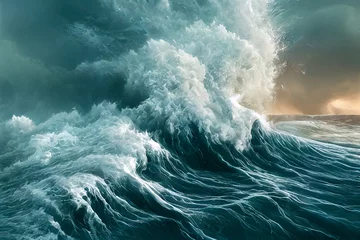 Apokalyptischer dramatischer Hintergrund, riesige Tsunamiwellen, dunkler stürmischer Himmel, Tornado. Riesige Wellen Tsunami Große Wellen. 3D-Rendering © Viks_jin