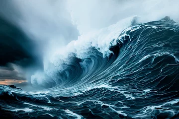 Apokalyptischer dramatischer Hintergrund, riesige Tsunamiwellen, dunkler stürmischer Himmel, Tornado. Riesige Wellen Tsunami Große Wellen. © Viks_jin