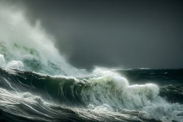 Apokalyptischer dramatischer Hintergrund, riesige Tsunamiwellen, dunkler stürmischer Himmel, Tornado. Riesige Wellen Tsunami Große Wellen.