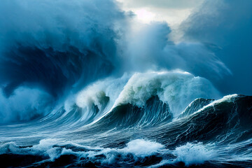 Apokalyptischer dramatischer Hintergrund, riesige Tsunamiwellen, dunkler stürmischer Himmel, Tornado. Riesige Wellen Tsunami Große Wellen. 3D-Rendering