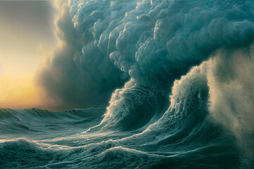 Apokalyptischer dramatischer Hintergrund, riesige Tsunamiwellen, dunkler stürmischer Himmel, Tornado. Riesige Wellen Tsunami Große Wellen. 3D-Rendering
