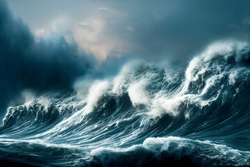 Apocalyptic dramatic background,  giant tsunami waves, dark stormy sky, Tornado. Huge waves Tsunami Big waves.  - obrazy, fototapety, plakaty