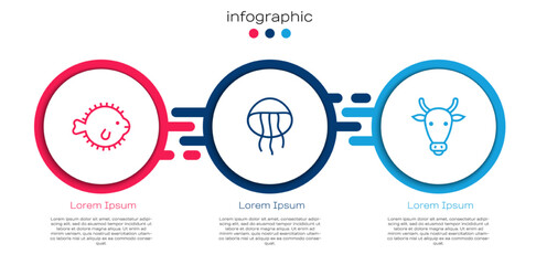 Set line Puffer fish, Jellyfish and Cow head. Business infographic template. Vector © Vadim