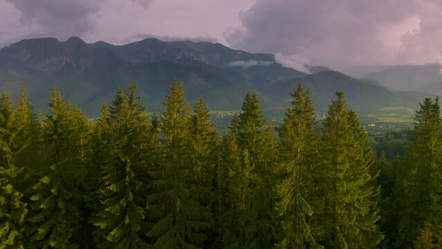 Aerial reveal of town of Zakopane. Poland. View from Gubalowka with Tatra mountain range on the horizon.