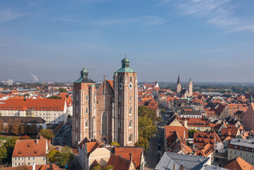 Fototapeta na wymiar Aerial panorama: Autumn cityscape of Ingolstadt, Bayern, Germany