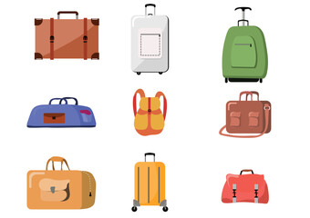  A bag set isolated on white background.Luggage tourists fashioned colored objects bags.travellers,vector,travel,suitcases,business cases,travel luggage,vector for luggage and travel.