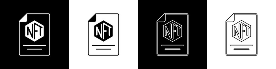 Set NFT contract icon isolated on black and white background. Non fungible token. Digital crypto art concept. Vector - obrazy, fototapety, plakaty