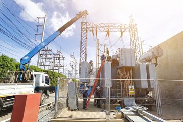 Maintenance​ repair Power transformer with crane of industrial, High volt​ transformer​ in...