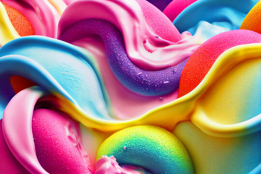 Colorful ice cream rainbow with topping for food background.