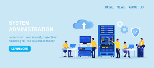 System administrator upkeeping server, adjusting network, PC hardware. Sysadmin repairing computer. Administration, data center maintenance service. Repairman doing technical work with server rack