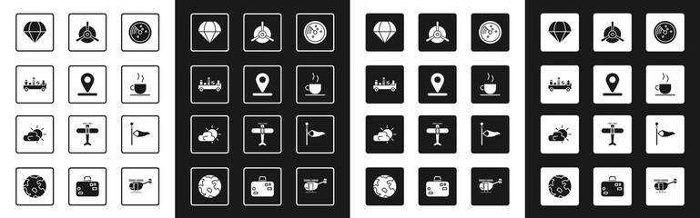 Set Radar with targets on monitor, Location, Airport luggage towing truck, Parachute, Coffee cup, Plane propeller, Cone meteorology windsock wind vane and Sun and cloud weather icon. Vector - obrazy, fototapety, plakaty