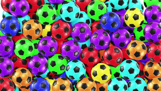 Realistic 3D animation of the colorful soccer football balls falling from the top filling up the screen rendered in UHD with alpha matte
