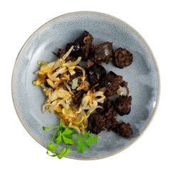 Spanish blood sausage morcilla served with grilled onion and parsley on plate. Isolated over white...