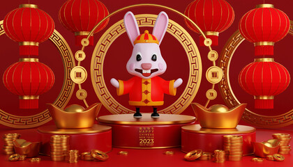 3d illustration of cute rabbits for Happy chinese new year 2023 year of the rabbit zodiac sign with flower,lantern,asian elements gold on color Background. (Translation : Happy new year)