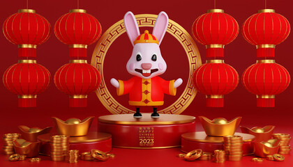3d illustration of cute rabbits for Happy chinese new year 2023 year of the rabbit zodiac sign with flower,lantern,asian elements gold on color Background. (Translation : Happy new year)