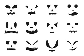 Pumpkins emoji faces black flat icons set. Web sign kit jack o lantern. Halloween pictogram collection animation kit, emotion create. Simple cartoon emoticon scary, spooky, horror symbol isolated