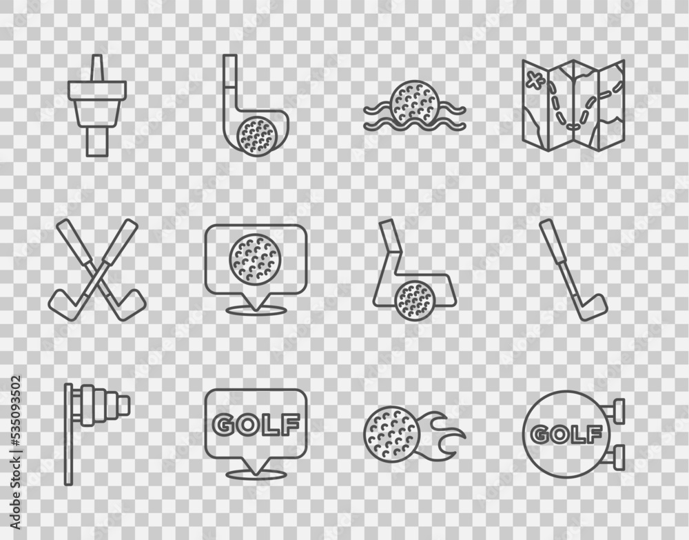 Wall mural Set line Golf flag, sport club, ball in water, label, tee, and icon. Vector