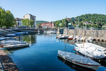 Fototapeta na wymiar the beautiful and small harbor of Laveno on Lake Maggiore