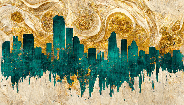 Spectacular Teal And Golden Abstract City Background On White Background, Water Color With Gold Dust Sparkling, Glistening On The Spiral Cloud. Digital Art 3D Illustration.