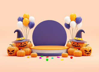 Fototapeta premium Happy Halloween podium platform with party stuff for flyer or greeting card background design in 3D rendering
