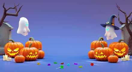 Happy Halloween flyer background scene with pumpkins, candies and party stuff and copy space in 3D illustration
