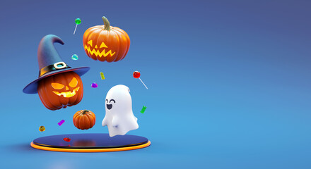 Halloween banner background with pumpkins, ghost, candies and copy space in 3D illustration