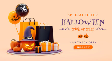 Halloween sale offer flyer with gifts and party stuff for commercial design in 3D illustration