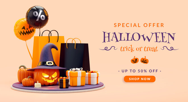 Halloween sale offer flyer with gifts and party stuff for commercial design in 3D illustration